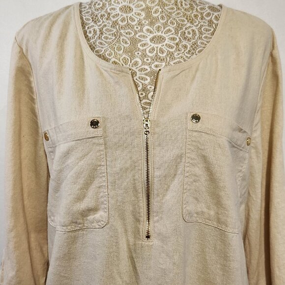 Anne Klein Women's L Beige Linen Blend Roll Tab Sleeve Front Zipper  Pocket Top - Picture 2 of 15